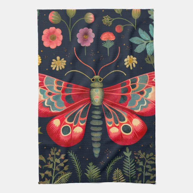 Red Moth In The Night Garden Kitchen Towel (Vertical)