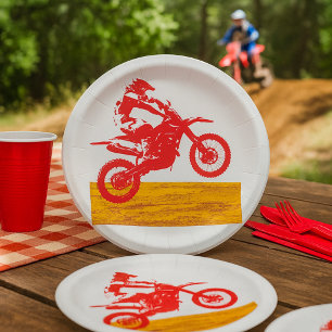 Red Motocross Dirt Bike Rider Silhouette Paper Plate