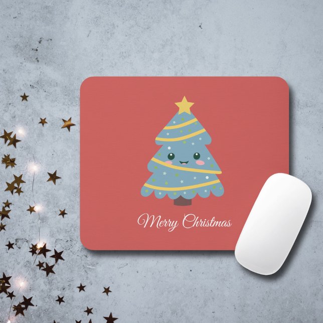 Red Mouse Pad with Kawaii Christmas Tree (Red Mouse Pad with Kawaii Christmas Tree)