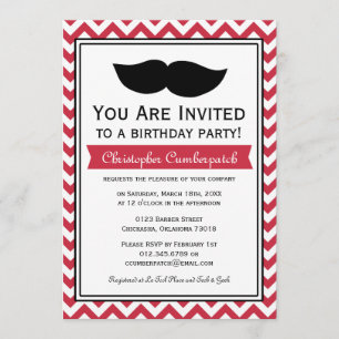 Red Moustache Chevron Birthday Party Invitation