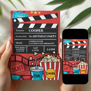 Red Movie Night Birthday Party For Boys Invitation