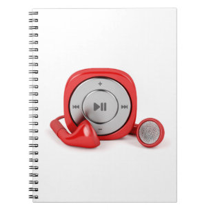 Red mp3 player and wired earphones notebook