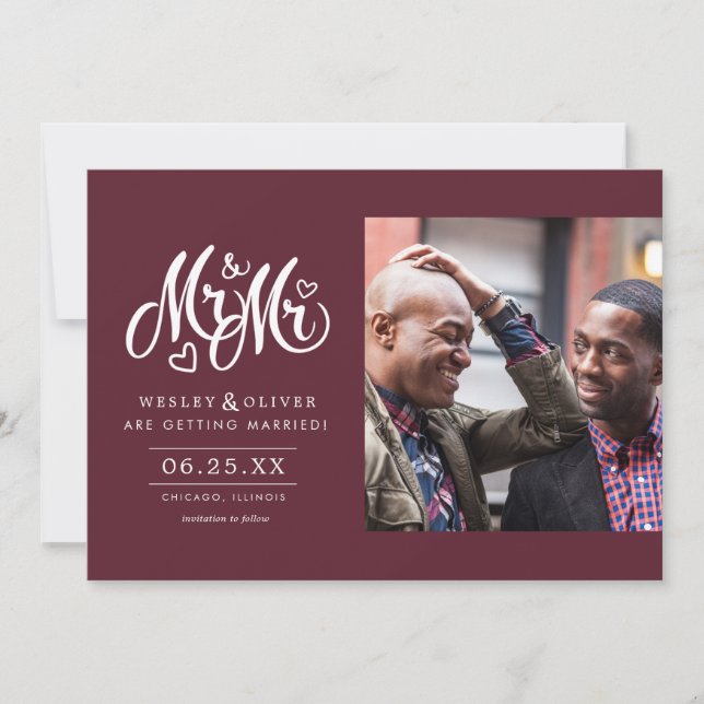 Red Mr. & Mr. Script - Save the Date with Photo (Front)
