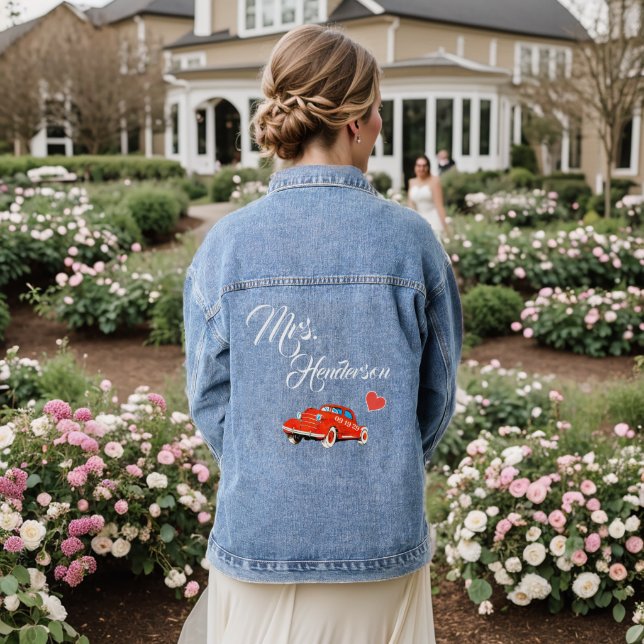 Red Mrs Brides Last Name Classic Car Denim Jacket (Wedding Back)