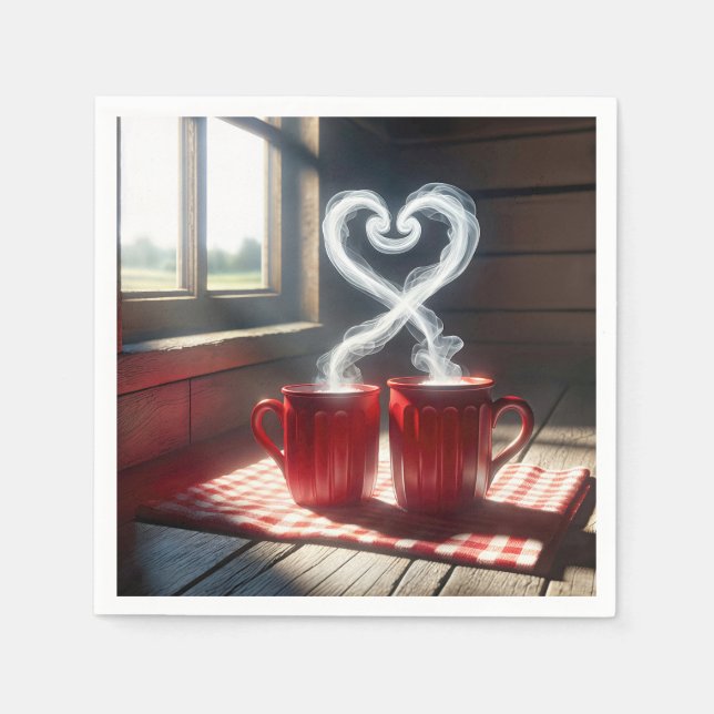 Red Mugs With Steamy Heart Connection Napkin (Front)