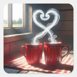 Red Mugs With Steamy Heart Connection Square Sticker