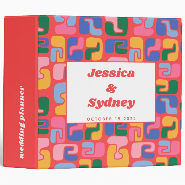 Red Multicolor Retro Groovy Personalized Wedding Binder (Front/Spine)
