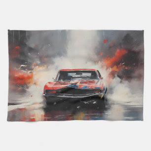 Red  Muscle Car head on Kitchen Towel
