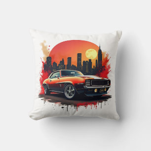 Red Muscle Car with Urban Skyline Accent Throw Pillow