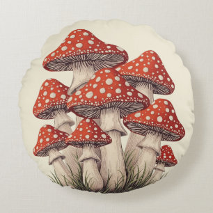 Red Mushroom Cluster Graphic - Retro Cottagecore Round Pillow