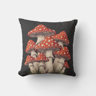Red Mushroom Cluster Graphic - Retro Cottagecore Throw Pillow