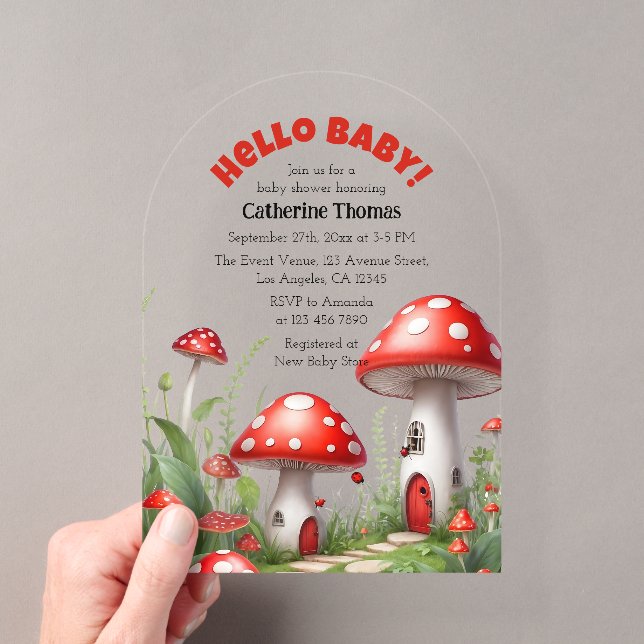 Red Mushroom Fungi Woodland Baby Shower Acrylic Invitations (Insitu (Handheld))