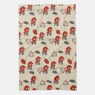 Red Mushrooms and Leaves Pattern Kitchen Towel