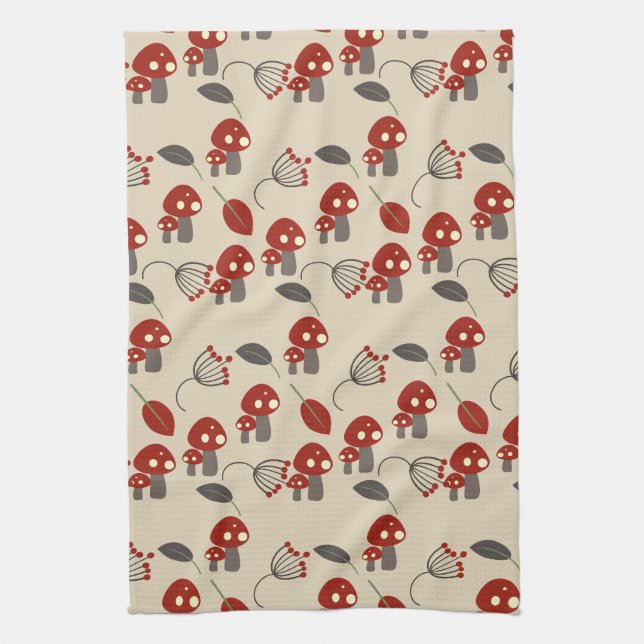 Red Mushrooms and Leaves Pattern Kitchen Towel (Vertical)