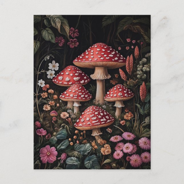 Red Mushrooms in a Fantasy Forest Postcard (Front)
