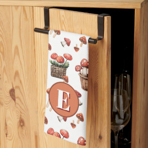 Red Mushrooms Pattern Monogram Initial Kitchen Towel