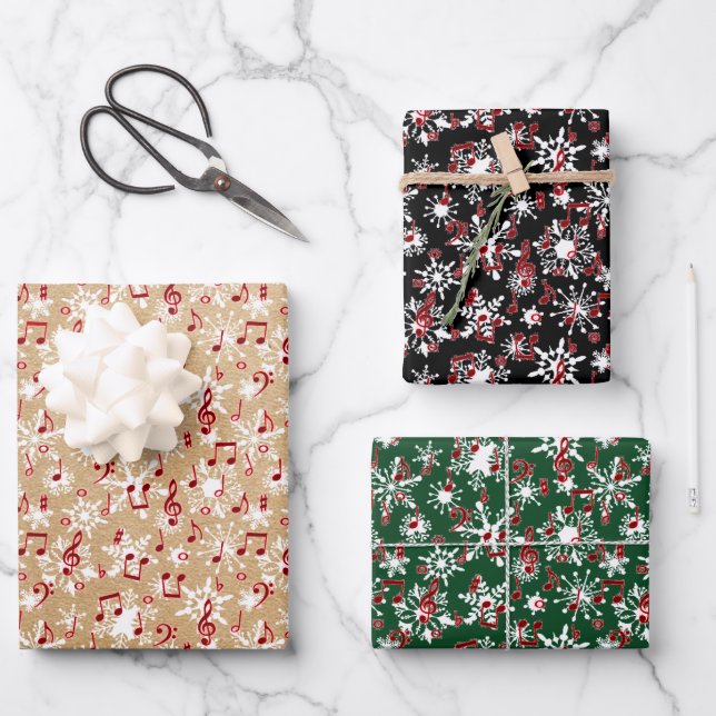 Red music and snow  wrapping paper sheet (Front)