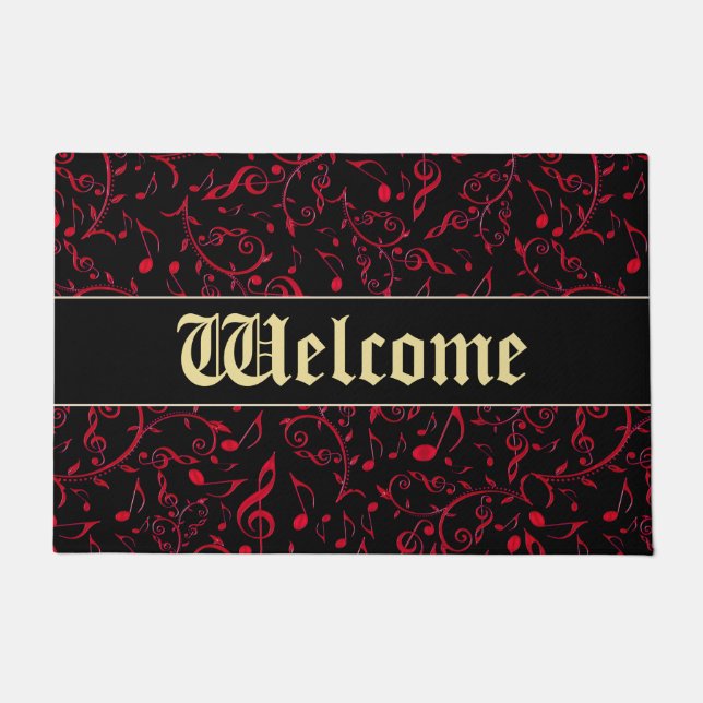 Red Music Notes Customizable Door Welcome Mat (Front)