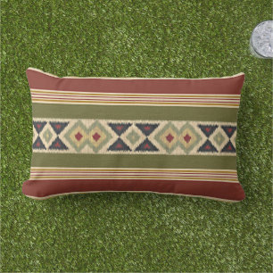 Red Mustard Yellow Olive Green Ikat Stripes Art Lumbar Pillow