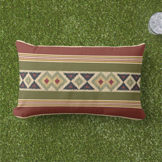 Red Mustard Yellow Olive Green Ikat Stripes Art Lumbar Pillow (Grass)
