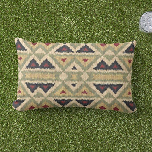 Red Mustard Yellow Olive Green Ikat Tribal Art Lumbar Pillow (Grass)