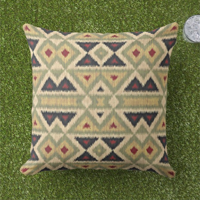 Red Mustard Yellow Olive Green Ikat Tribal Art Outdoor Pillow (Grass)