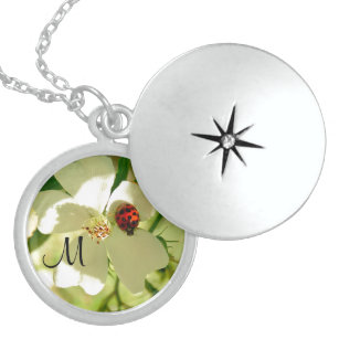 Red N Black Ladybug ,monogram on a white flower Locket Necklace