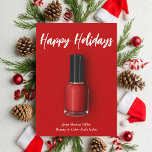 Red Nail Polish Happy Holidays Custom Beauty Salon Holiday Card<br><div class="desc">Chic red Happy Holidays card for a beauty salon. Beautiful personalized nail polish bottle Christmas card with your manicurist name and spa business underneath.</div>