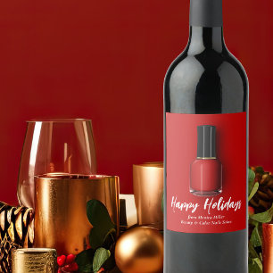 Red Nail Polish Happy Holidays Custom Beauty Salon Wine Label
