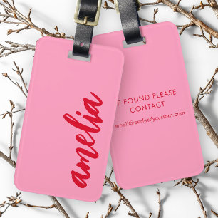 Red name bold script colourful pink luggage tag