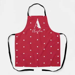 Red Name Monogram Polka Dots Pattern Apron