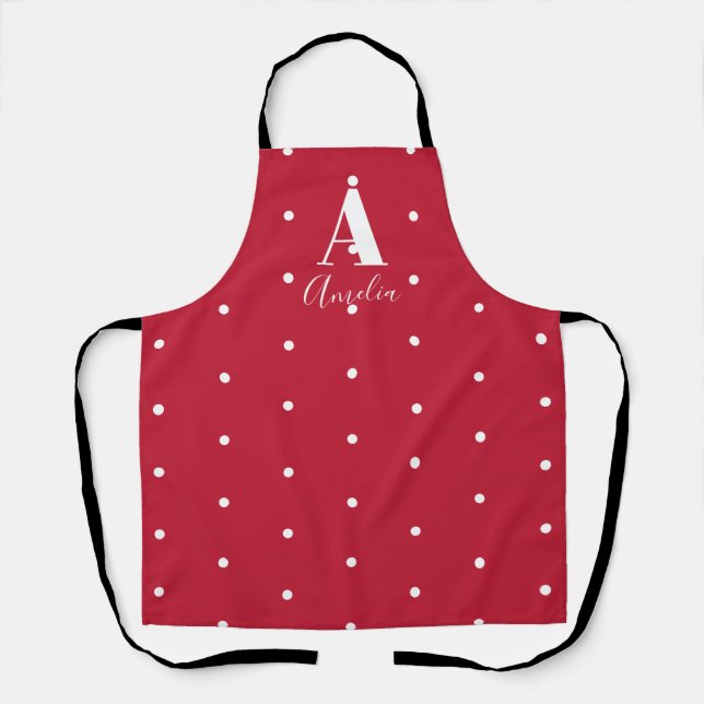Red Name  Monogram Polka Dots Pattern Apron (Front)