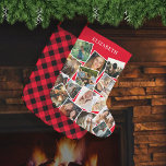 Red Name Photo Collage Large Christmas Stocking<br><div class="desc">Personalized christmas stocking featuring a traditional red background that can be changed to any colour,  a 15 photo collage for you to replace with your own pictures,  and the persons name. On the reverse is a traditional festive plaid tartan pattern.</div>