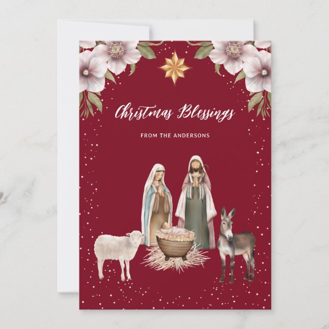 Red Nativity Scene Christian Christmas Card (Front)
