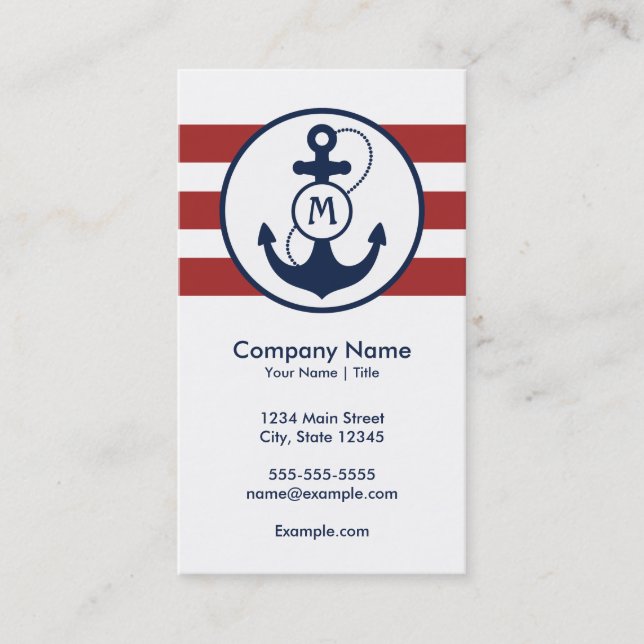 Red Nautical Anchor Monogram Business Card (Front)