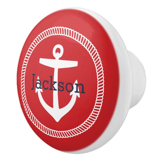Red Nautical Anchor Monogram Ceramic Knob (Right)