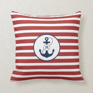 Red Nautical Anchor Monogram Throw Pillow