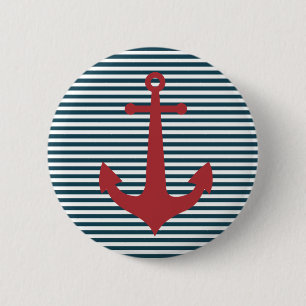 Red nautical anchor on striped blue background 2 inch round button