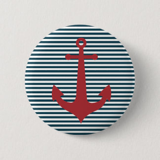 Red nautical anchor on striped blue background 2 inch round button