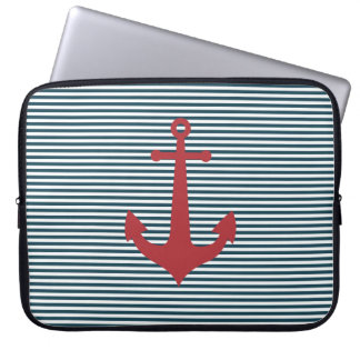 Red nautical anchor on striped blue background laptop sleeve