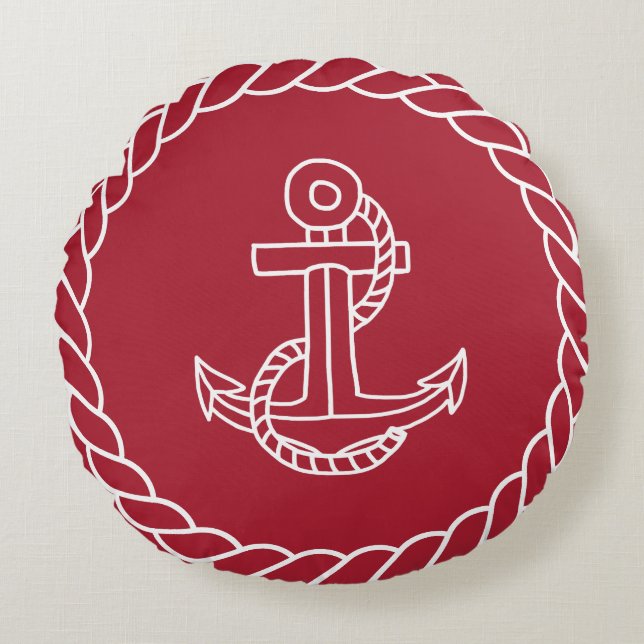 Red Nautical Anchor Round Pillow (Front)