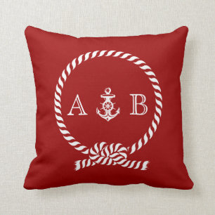 Red Nautical Rope and Anchor Monogram Throw Pillow