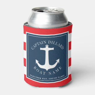 Red Nautical Stripe Anchor Boat Captain Can Cooler