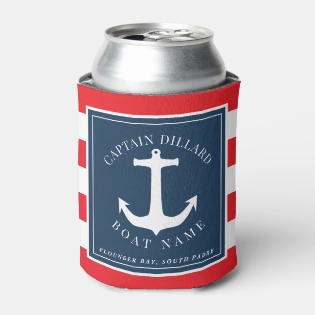 Red Nautical Stripe Anchor Boat Captain Can Cooler (Can Front)