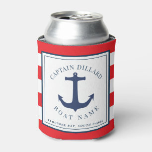 Red Nautical Stripe Anchor Boat Captain Can Cooler
