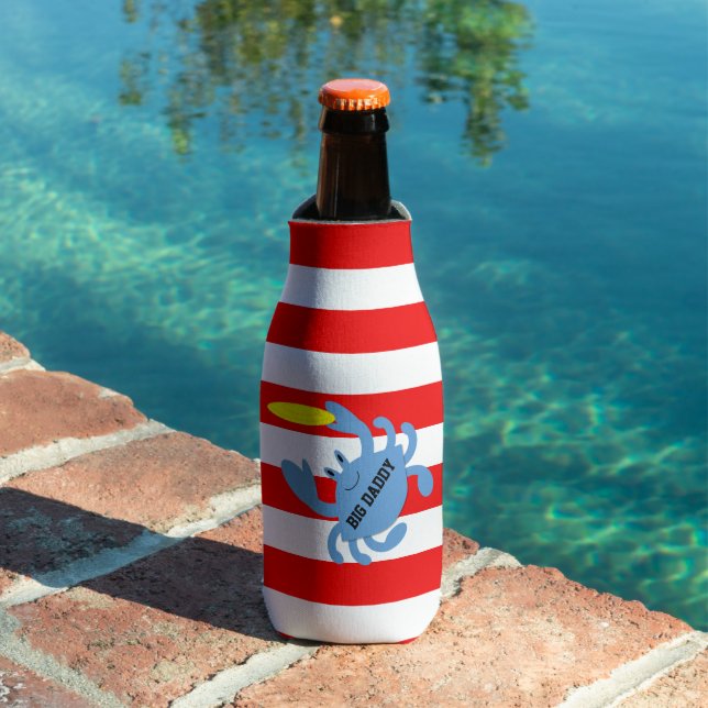 Red Nautical Stripe Frisbee Crab Personalized Bottle Cooler (In Situ Pool)