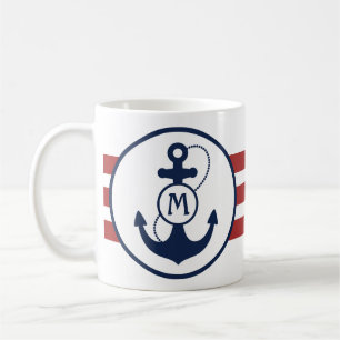 Red Nautical Stripes with Anchor and Monogram Coffee Mug