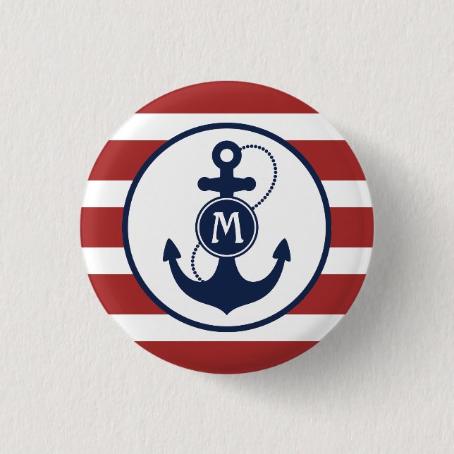 Red Nautical Stripes with Anchor Monogram 1 Inch Round Button (Front)