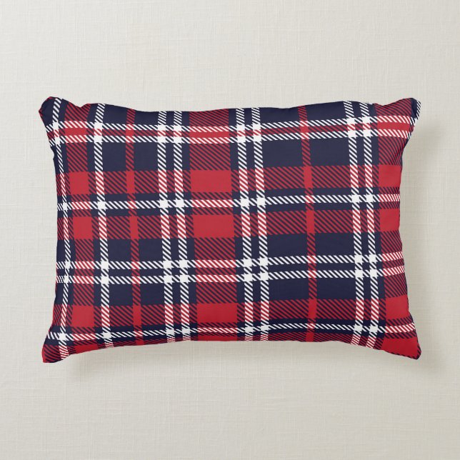 Red Navy Asymmetric Plaid Texture Accent Pillow (Front)