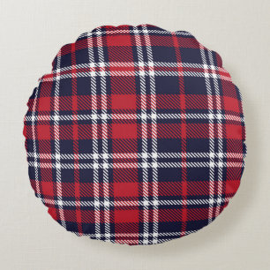 Red Navy Asymmetric Plaid Texture Round Pillow